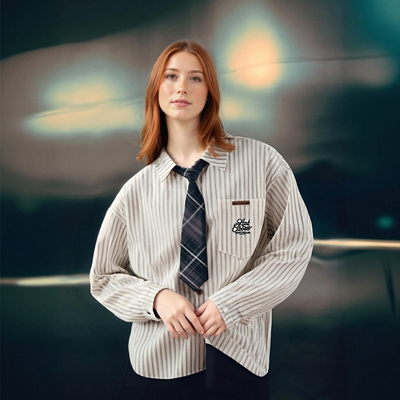 Letter Embroidered Vertical Stripes Long Sleeve Shirt with Tie