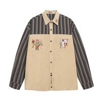 Floral and Plant Embroidery Striped Lapel Long-Sleeved Shirt - Thumbnail 2