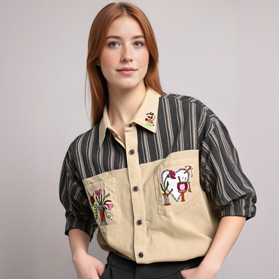 Floral and Plant Embroidery Striped Lapel Long-Sleeved Shirt
