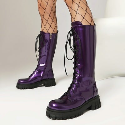 Purple patent leather lace up knee high boots