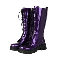 Purple Patent Leather Lace Up Knee High Boots - Thumbnail 4