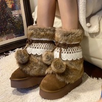 Retro Ethnic Snow Boots With Pom-pom Balls - Thumbnail 3