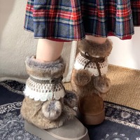 Retro Ethnic Snow Boots With Pom-pom Balls - Thumbnail 4