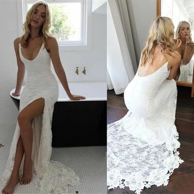 Gorgeous straps white lace long wedding dress
