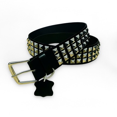 Pyramid studded belt genuine leather black mens belt for jeans with silver buckle