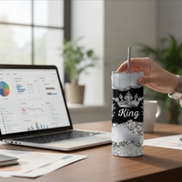King Silver Glitter Skinny Tumbler | Crown Bling Royal Mug | Luxurious Male Gift | Aesthetic Drinkware | Free Ship - Thumbnail 1