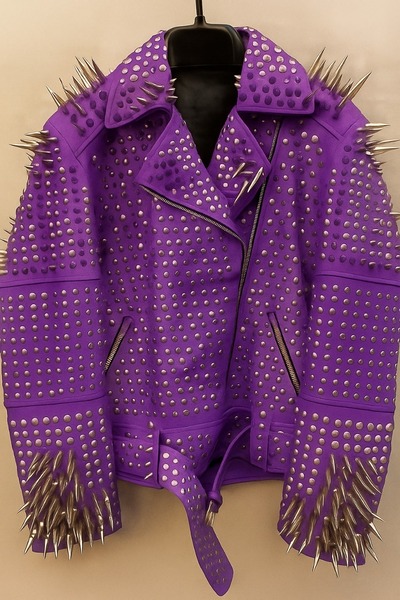 Crafted Leather Women Classy Purple Gothic Emo Style Leather Studded Jacket with Silver Studs and Spikes