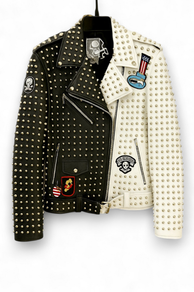 Crafted Leather New Handmade Punk Style Black White Studded Adorable Leather Jacket 