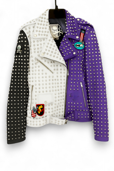 Crafted Leather New Handmade Classic Punk Style Purple/White/Black Studded Adorable Leather Jacket