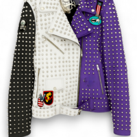 Crafted Leather New Handmade Classic Punk Style Purple/White/Black Studded Adorable Leather Jacket - Thumbnail 1