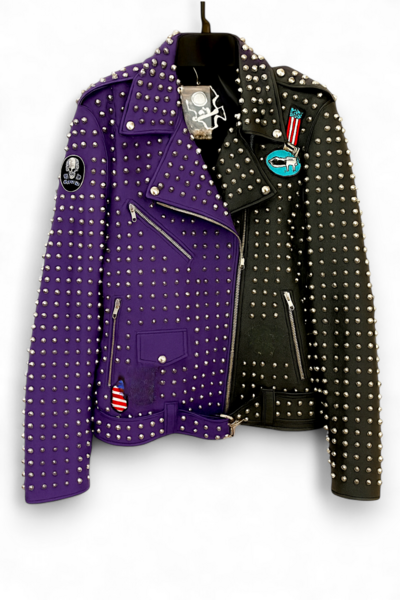Crafted Leather New Classic Punk Style Purple/Black Studded Leather Jacket