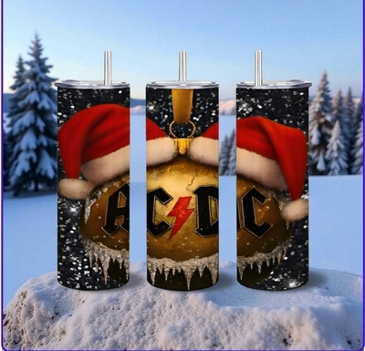 AC/DC Christmas Ornament Skinny Tumbler | Rock & Roll Holiday Travel Mug | Heavy Metal Xmas Gift | Free Ship