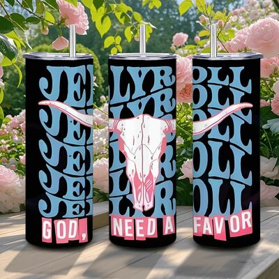 Jelly roll "god, i need a favor" skinny tumbler | country music fan gift | longhorn skull western drinkware | free ship