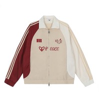 Retro letter pigeon embroidery lapel jacket high street loose contrast color stitching coat - Thumbnail 1