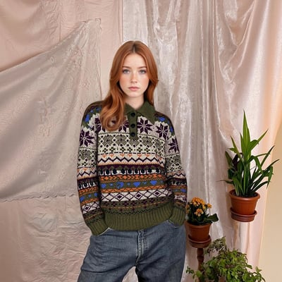 Ethnic style jacquard lapel sweater loose versatile sweater