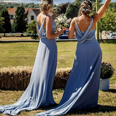 Dusty blue bridesmaid dresses spaghetti straps