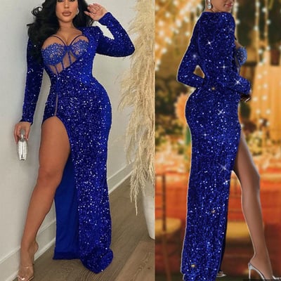 Royal blue prom dresses slit side v neck - Thumbnail 1