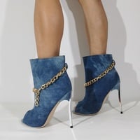 New Chain Decorated Open Toe Short Boots Pointed Toe Electroplated Heel Denim Fashion Party Slip-On Nude Boots For Women - Thumbnail 3