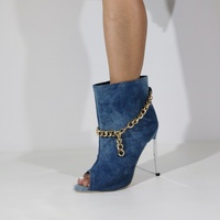 New Chain Decorated Open Toe Short Boots Pointed Toe Electroplated Heel Denim Fashion Party Slip-On Nude Boots For Women - Thumbnail 4