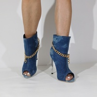 New Chain Decorated Open Toe Short Boots Pointed Toe Electroplated Heel Denim Fashion Party Slip-On Nude Boots For Women - Thumbnail 1