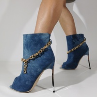 New Chain Decorated Open Toe Short Boots Pointed Toe Electroplated Heel Denim Fashion Party Slip-On Nude Boots For Women - Thumbnail 2