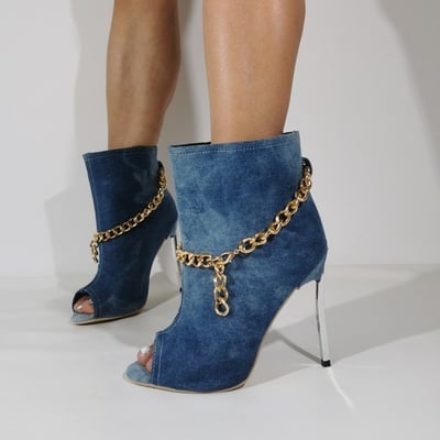 New chain decorated open toe short boots pointed toe electroplated heel denim fashion party slip-on nude boots for women