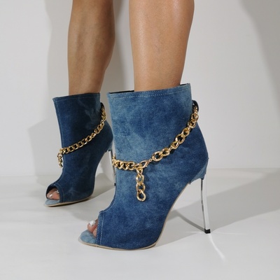 New Chain Decorated Open Toe Short Boots Pointed Toe Electroplated Heel Denim Fashion Party Slip-On Nude Boots For Women