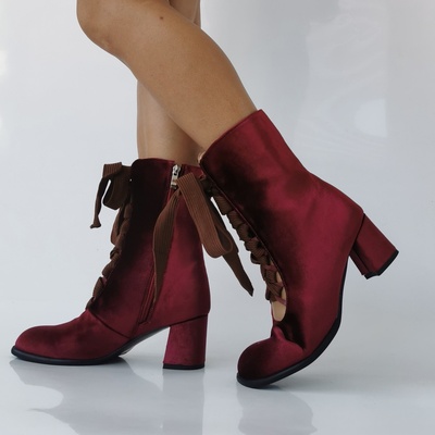 Burgundy Velvet Ankle Boots Women Square Toes Lace Up Style