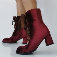 Burgundy Velvet Ankle Boots Women Square Toes Lace Up Style - Thumbnail 4