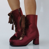 Burgundy Velvet Ankle Boots Women Square Toes Lace Up Style - Thumbnail 3