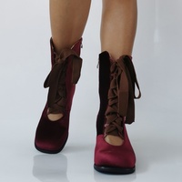 Burgundy Velvet Ankle Boots Women Square Toes Lace Up Style - Thumbnail 6