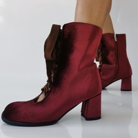 Burgundy Velvet Ankle Boots Women Square Toes Lace Up Style - Thumbnail 2