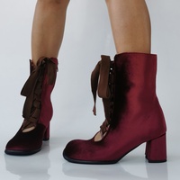 Burgundy Velvet Ankle Boots Women Square Toes Lace Up Style - Thumbnail 1