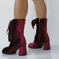 Burgundy Velvet Ankle Boots Women Square Toes Lace Up Style - Thumbnail 8