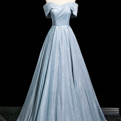 Shiny blue a-line long/floor evening party dress - Thumbnail 1