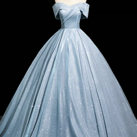 Shiny Blue A-Line Long/Floor Evening Party Dress - Thumbnail 4
