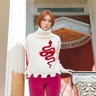 Chinese zodiac snake jacquard contrast color stitching turtleneck sweater