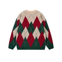 Retro diamond contrast color pullover crew neck sweater - Thumbnail 1
