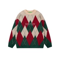Retro diamond contrast color pullover crew neck sweater - Thumbnail 2