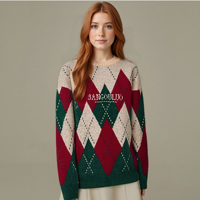 Retro diamond contrast color pullover crew neck sweater - Thumbnail 3