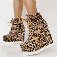 Summer Side Cut-out Leopard Short Boots Woman Wedge Heel Platform Lace Up Ankle Boots Gladiator High Top Sneaker Bottines - Thumbnail 1