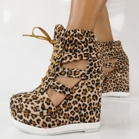 Summer Side Cut-out Leopard Short Boots Woman Wedge Heel Platform Lace Up Ankle Boots Gladiator High Top Sneaker Bottines - Thumbnail 3
