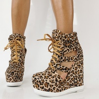 Summer Side Cut-out Leopard Short Boots Woman Wedge Heel Platform Lace Up Ankle Boots Gladiator High Top Sneaker Bottines - Thumbnail 6