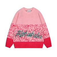 Letter jacquard contrast color stitching round neck sweater loose retro casual sweater - Thumbnail 1