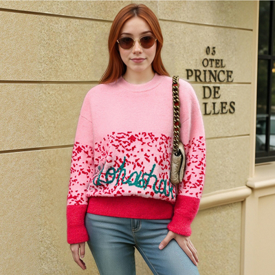 Letter jacquard contrast color stitching round neck sweater loose retro casual sweater