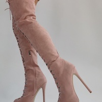 New Women Suede Thigh High Peep Toe Lace Up Stiletto Boot - Thumbnail 1