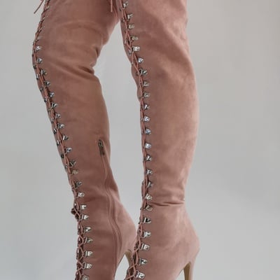 New women suede thigh high peep toe lace up stiletto boot