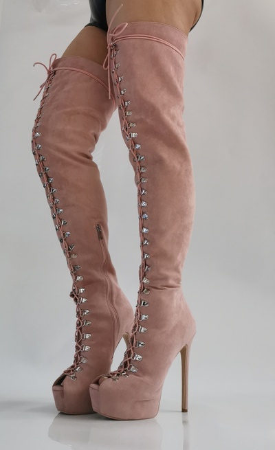 New Women Suede Thigh High Peep Toe Lace Up Stiletto Boot