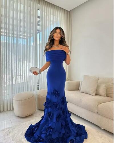 Off the Shoulder Mermaid Sexy Customized Prom Dresses 3D Flower Party Dress Court Train Floor-Length Evening Dresses 