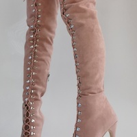 New Women Suede Thigh High Peep Toe Lace Up Stiletto Boot - Thumbnail 5
